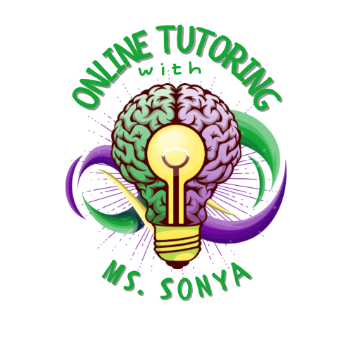 Logo featuring a brain with a light bulb inside, surrounded by swirling green and purple patterns. The text reads "Online Tutoring with Ms. Sonya" in a playful font.