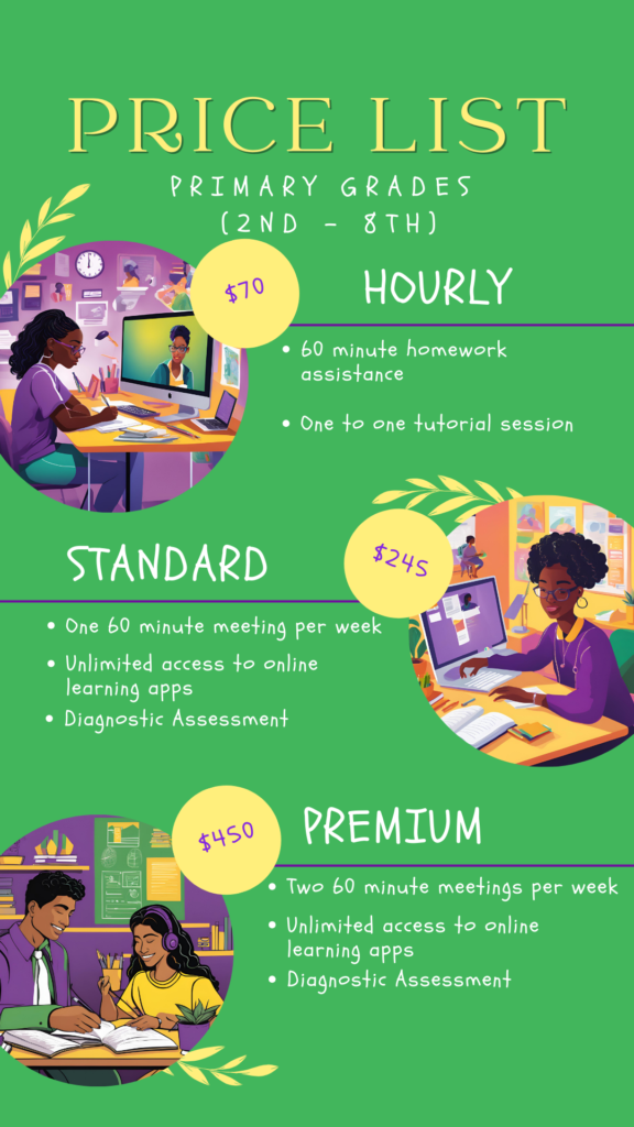 A colorful price list for educational services for primary grades (2nd - 8th) detailing three pricing options: Hourly, Standard, and Premium.
