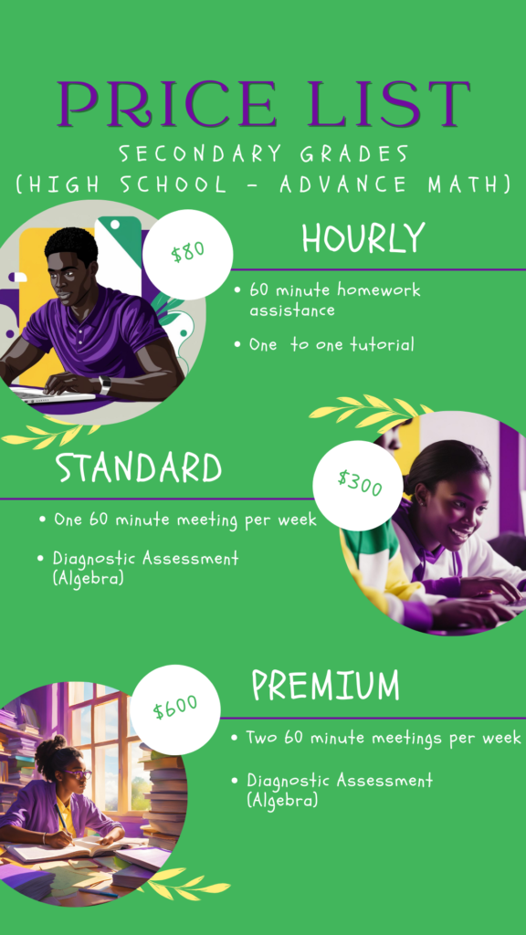 Price list for high school advanced math tutoring with three tiers: Hourly, Standard, and Premium.