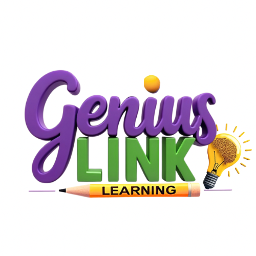 Logo featuring a brain and light bulb design encapsulated by swirling green and purple elements with the text "GeniusLink Learning" above and the phrase "Transforming 'I don't get it' into 'Aha' moments" below.