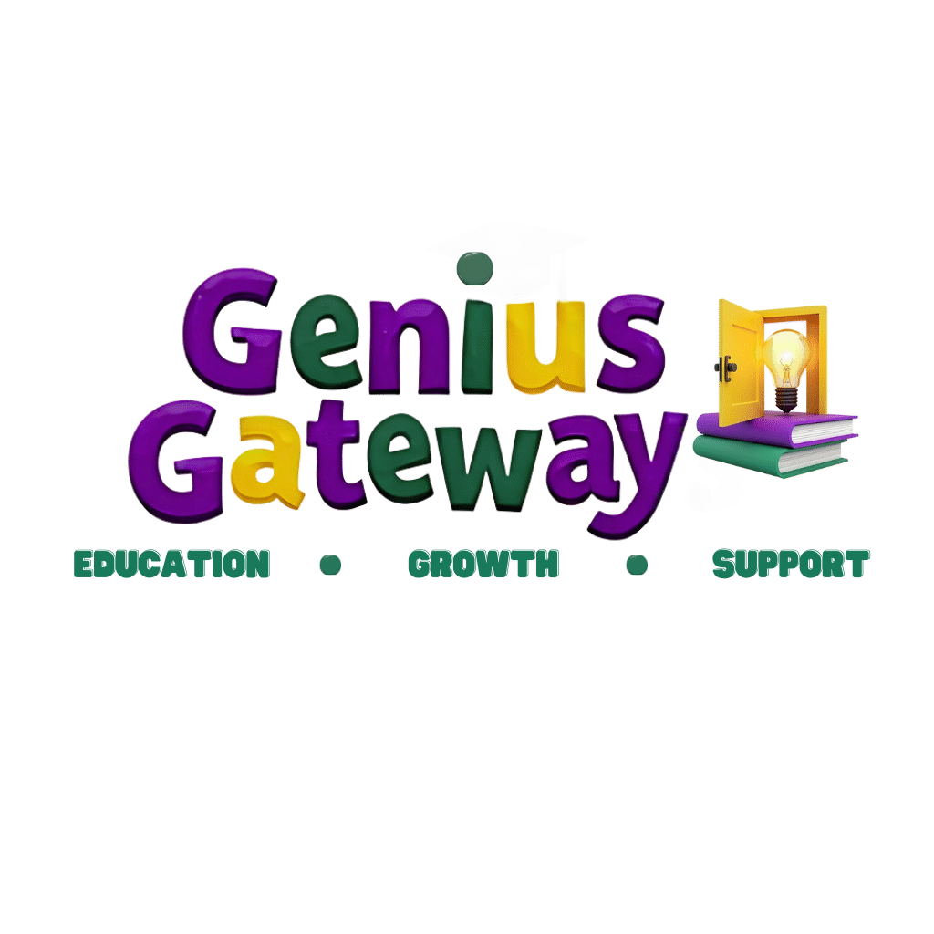 Logo of Genius Gateway with the words "Education," "Growth," "Support" and an open book with a lightbulb.